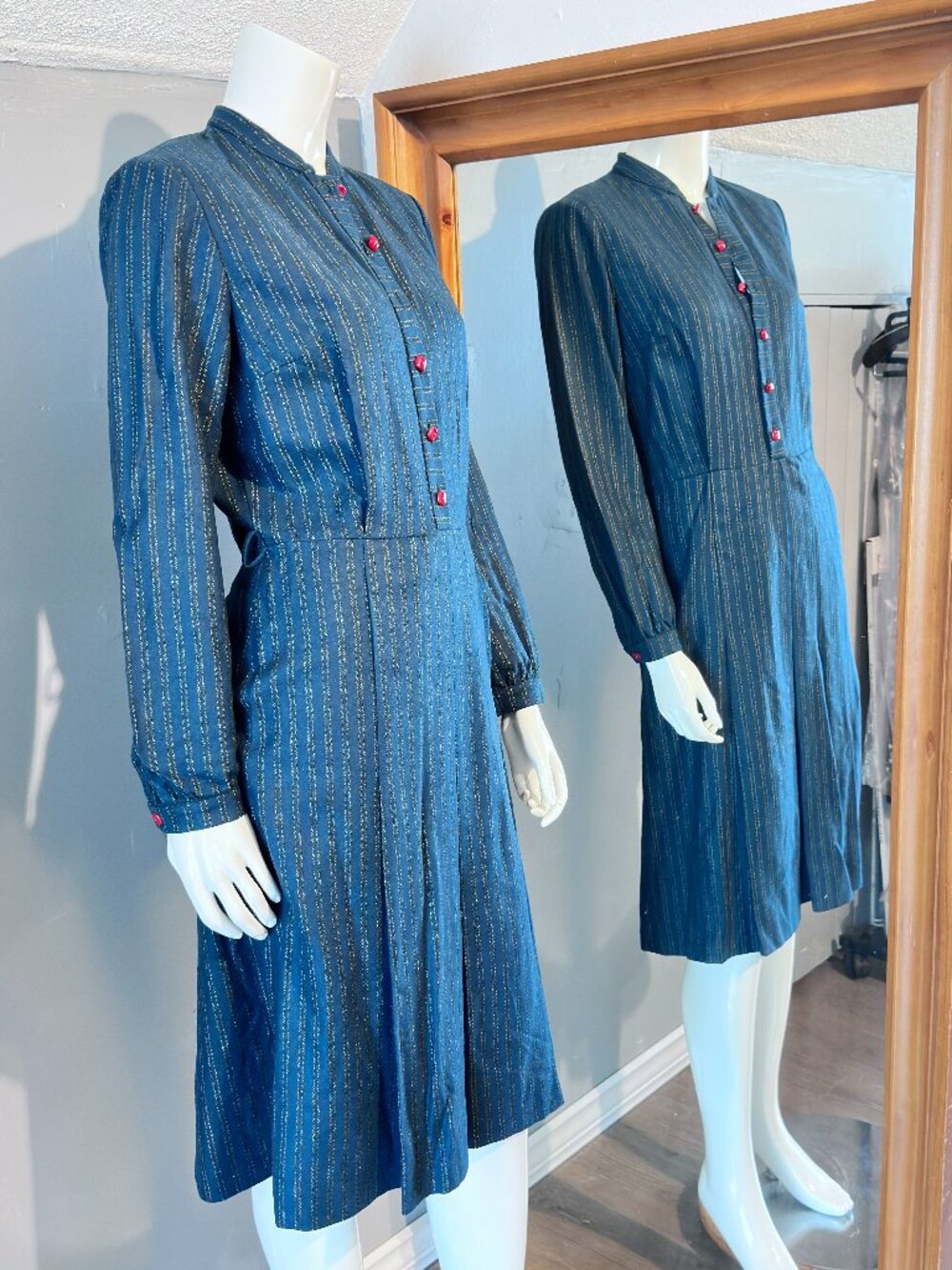 Vintage Italian Wool Dress Navy Pinstripe Fit Flare Red Buttons Size 6